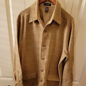 Shirt-Jacket, Button-Front, Window Pane Check in Tan-Brown Wool Blend. L. EEUC